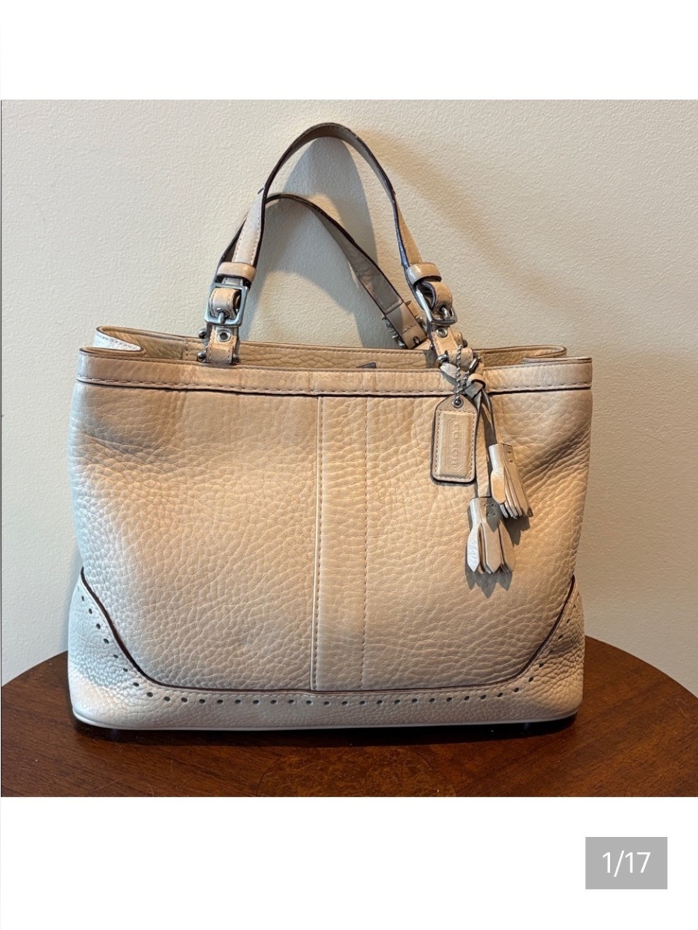 Coach  5055  Hampton satchel  pebbled leather  light tan / perforations  EUC